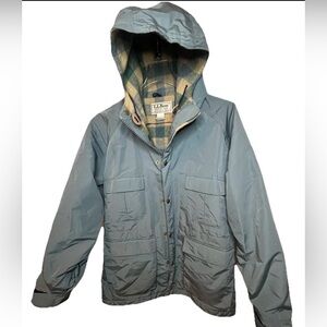 L.L. Bean Blue Baxter state Hooded parka Jacket Plaid wool Lining USA VTG L FLAW